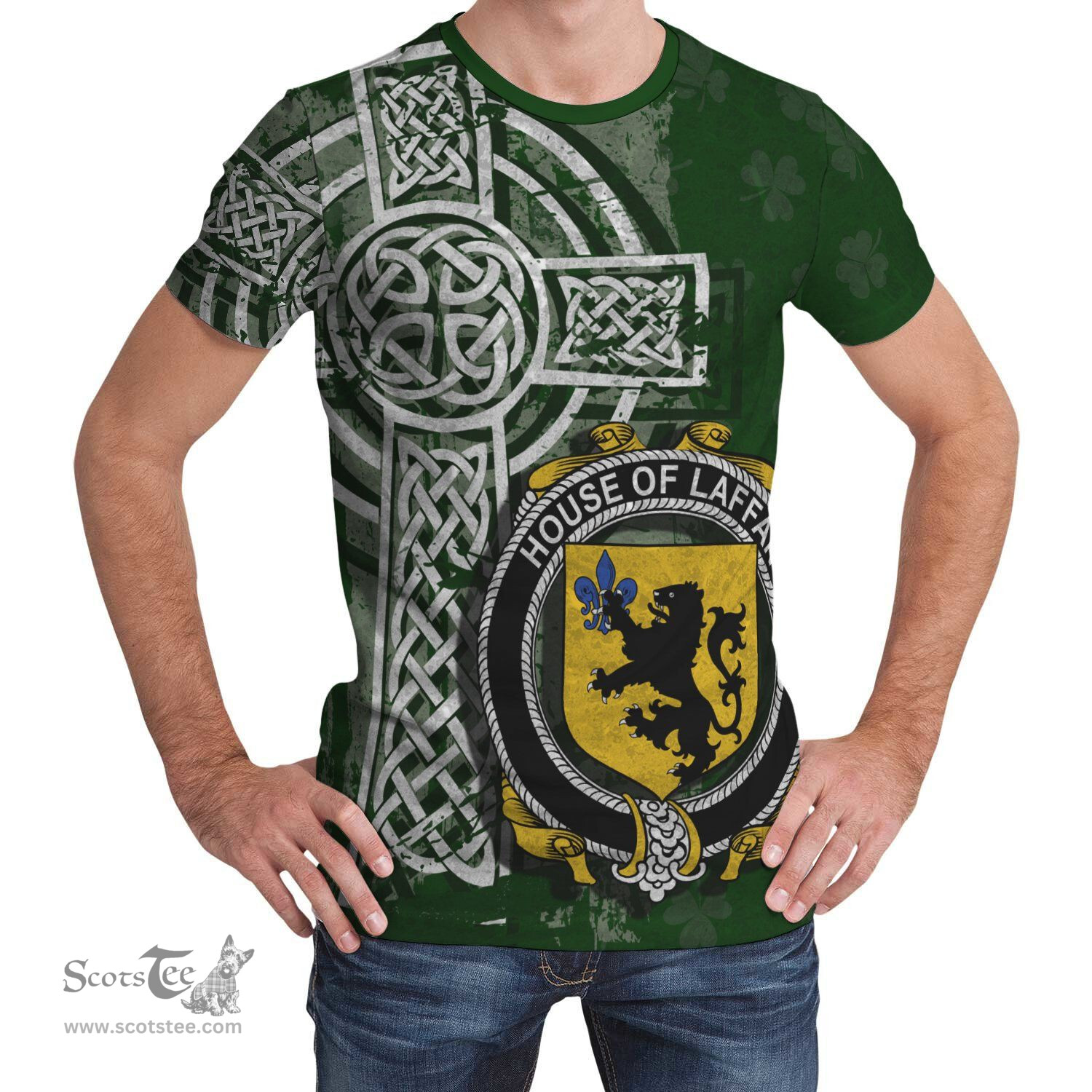ScotsTee Shop Irish Laffan Coat of Arms Irish Family Crest T Shirt Irish Shamrock Celtic Cross Green T Shirt