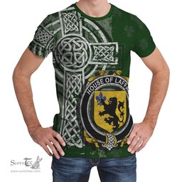 ScotsTee Shop Irish Laffan Coat of Arms Irish Family Crest T Shirt Irish Shamrock Celtic Cross Green T Shirt