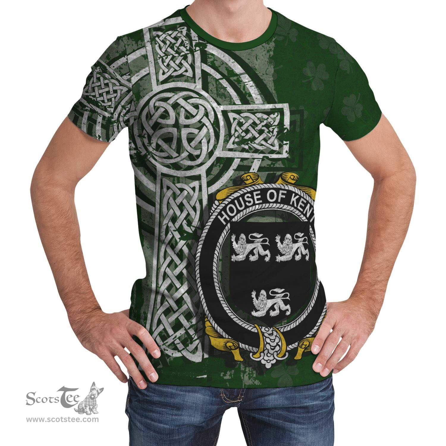 ScotsTee Shop Irish Kent Coat of Arms Irish Family Crest T Shirt Irish Shamrock Celtic Cross Green T Shirt