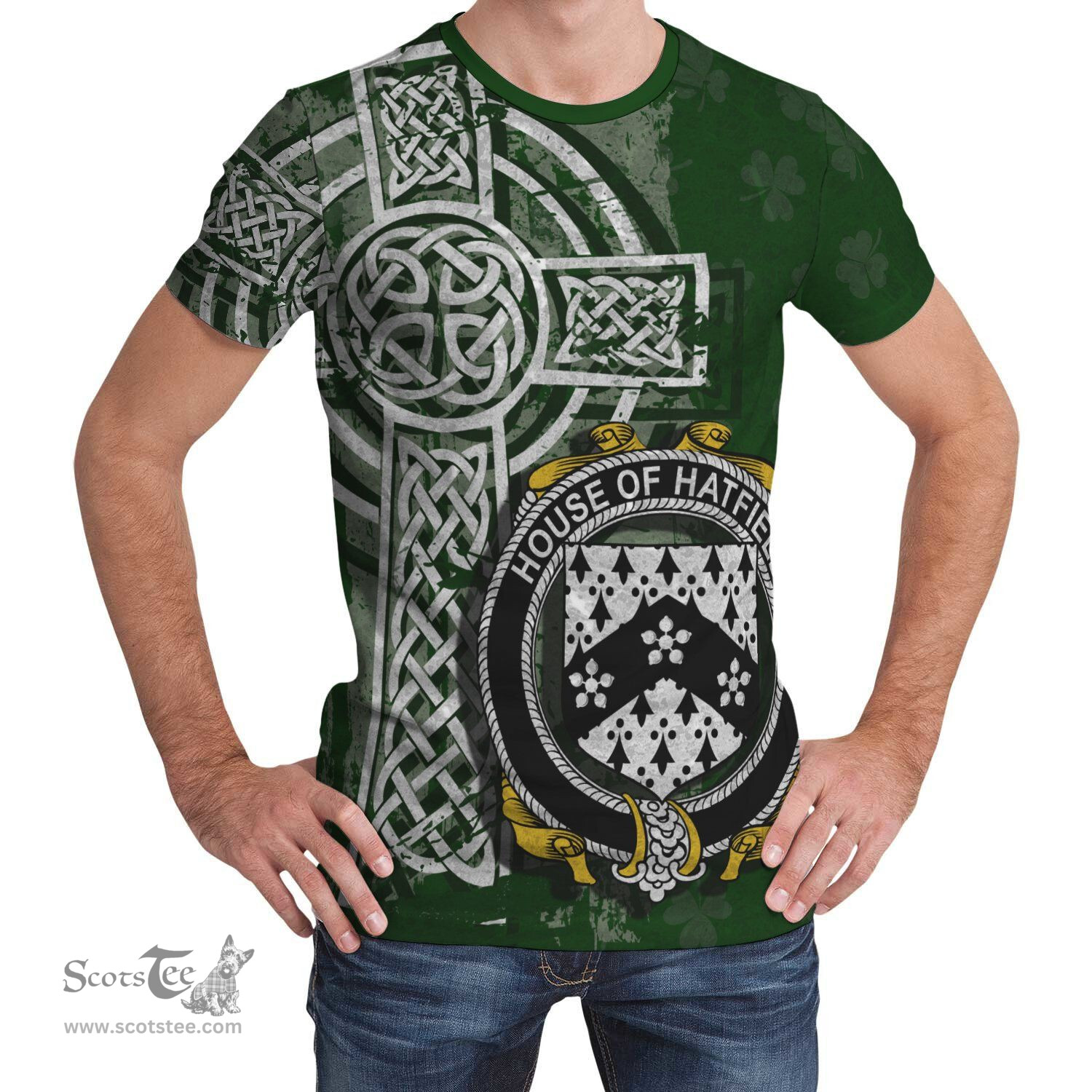 ScotsTee Shop Irish Hatfield Coat of Arms Irish Family Crest T Shirt Irish Shamrock Celtic Cross Green T Shirt