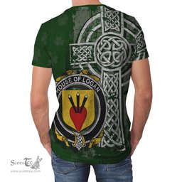 ScotsTee Shop Irish Logan Coat of Arms Irish Family Crest T Shirt Irish Shamrock Celtic Cross Green T Shirt