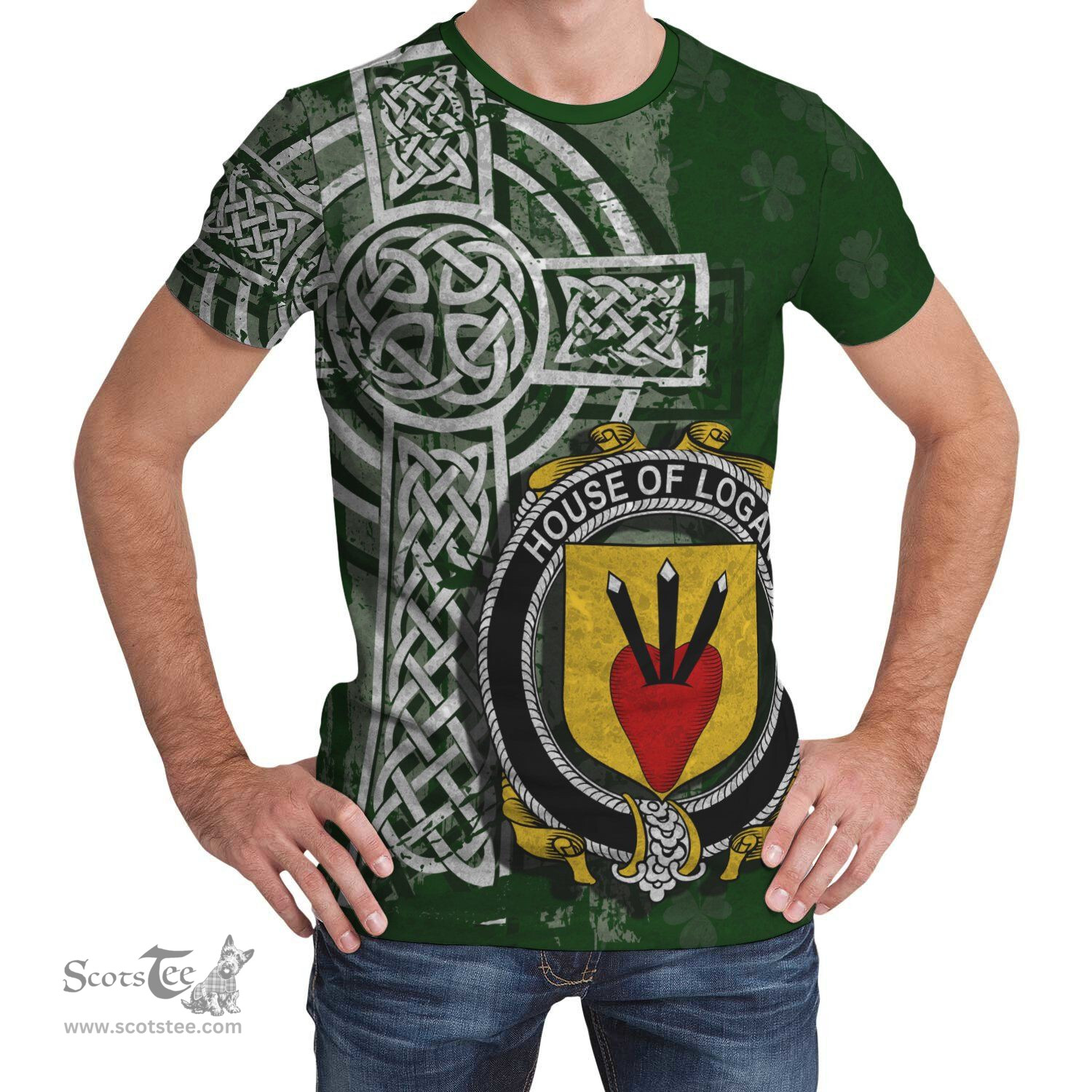 ScotsTee Shop Irish Logan Coat of Arms Irish Family Crest T Shirt Irish Shamrock Celtic Cross Green T Shirt