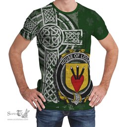 ScotsTee Shop Irish Logan Coat of Arms Irish Family Crest T Shirt Irish Shamrock Celtic Cross Green T Shirt