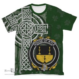 ScotsTee Shop Irish Kyle Coat of Arms Irish Family Crest T Shirt Irish Shamrock Celtic Cross Green T Shirt