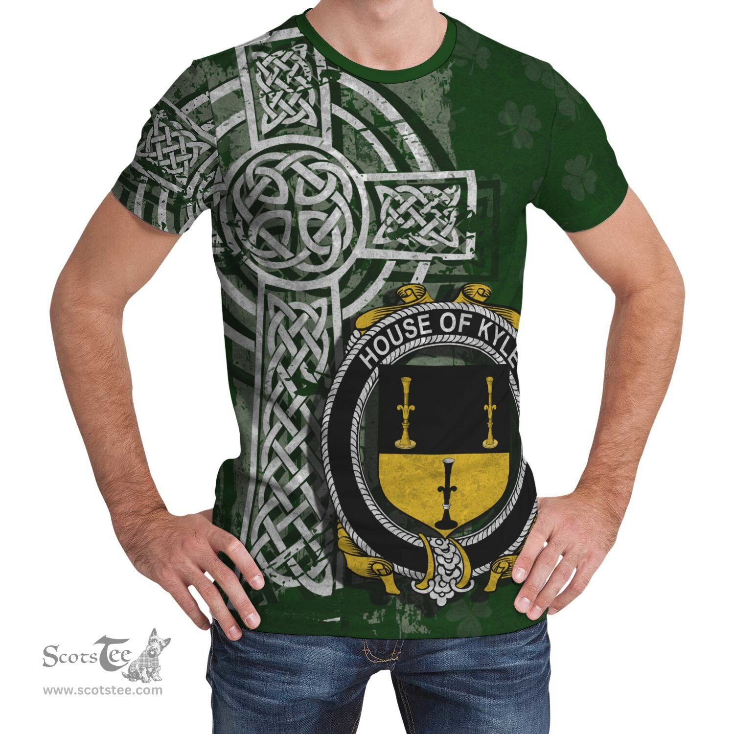 ScotsTee Shop Irish Kyle Coat of Arms Irish Family Crest T Shirt Irish Shamrock Celtic Cross Green T Shirt
