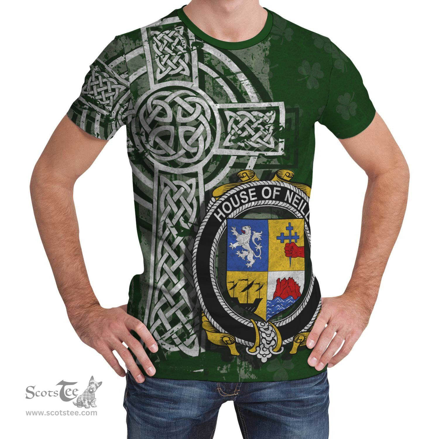 ScotsTee Shop Irish Neill or McNeill Coat of Arms Irish Family Crest T Shirt Irish Shamrock Celtic Cross Green T Shirt