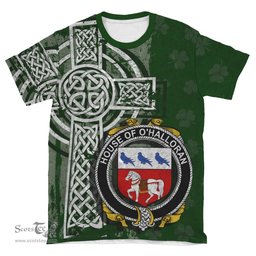 ScotsTee Shop Irish Halloran or O'Halloran Coat of Arms Irish Family Crest T Shirt Irish Shamrock Celtic Cross Green T Shirt