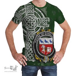ScotsTee Shop Irish Halloran or O'Halloran Coat of Arms Irish Family Crest T Shirt Irish Shamrock Celtic Cross Green T Shirt