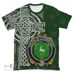 ScotsTee Shop Irish Hennessy or O'Hennessy Coat of Arms Irish Family Crest T Shirt Irish Shamrock Celtic Cross Green T Shirt