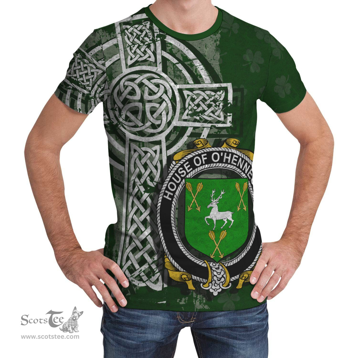 ScotsTee Shop Irish Hennessy or O'Hennessy Coat of Arms Irish Family Crest T Shirt Irish Shamrock Celtic Cross Green T Shirt
