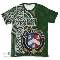 ScotsTee Shop Irish Halligan or O'Halligan Coat of Arms Irish Family Crest T Shirt Irish Shamrock Celtic Cross Green T Shirt