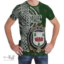 ScotsTee Shop Irish Irwin Coat of Arms Irish Family Crest T Shirt Irish Shamrock Celtic Cross Green T Shirt