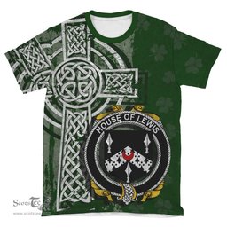 ScotsTee Shop Irish Lewis Coat of Arms Irish Family Crest T Shirt Irish Shamrock Celtic Cross Green T Shirt