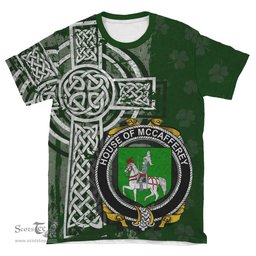 ScotsTee Shop Irish McCafferey or McCaffrey Coat of Arms Irish Family Crest T Shirt Irish Shamrock Celtic Cross Green T Shirt