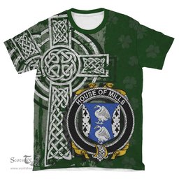 ScotsTee Shop Irish Mills Coat of Arms Irish Family Crest T Shirt Irish Shamrock Celtic Cross Green T Shirt