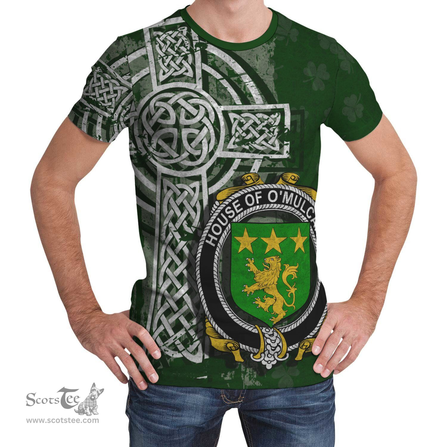 ScotsTee Shop Irish Mulcahy or O'Mulcahy Coat of Arms Irish Family Crest T Shirt Irish Shamrock Celtic Cross Green T Shirt