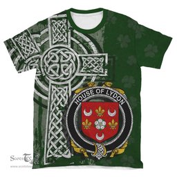 ScotsTee Shop Irish Lydon or Leyden Coat of Arms Irish Family Crest T Shirt Irish Shamrock Celtic Cross Green T Shirt