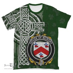 ScotsTee Shop Irish McRory or McCrory Coat of Arms Irish Family Crest T Shirt Irish Shamrock Celtic Cross Green T Shirt