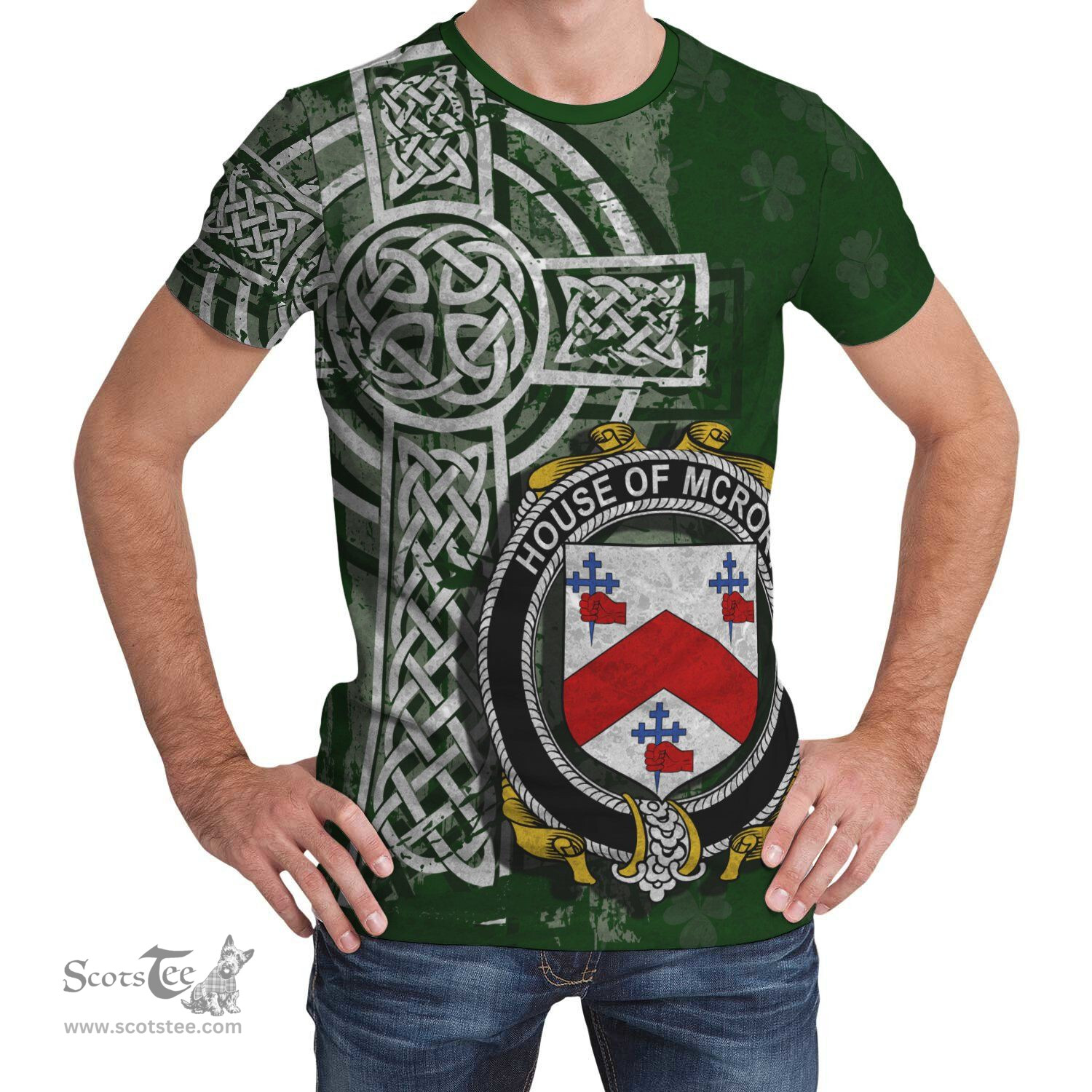 ScotsTee Shop Irish McRory or McCrory Coat of Arms Irish Family Crest T Shirt Irish Shamrock Celtic Cross Green T Shirt