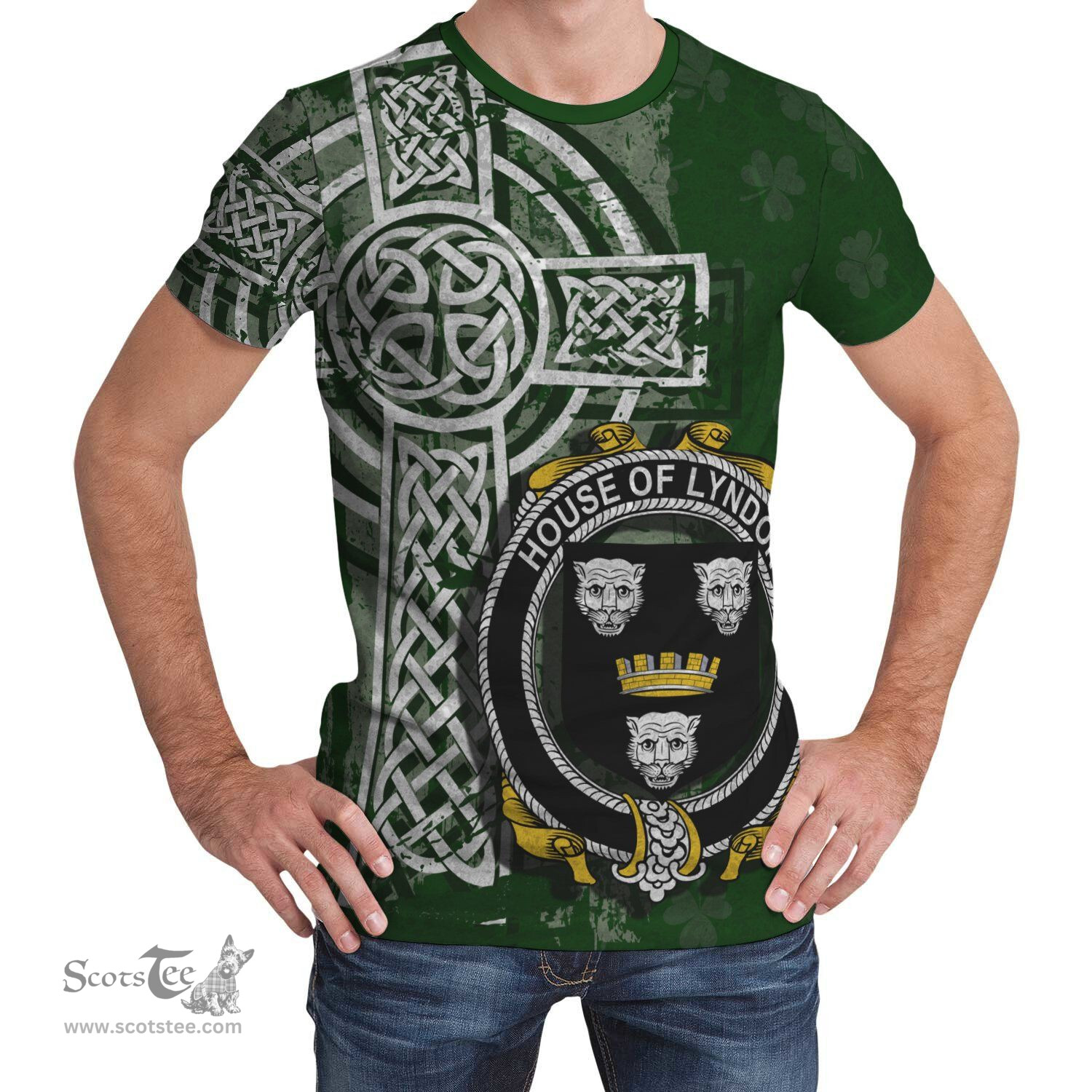 ScotsTee Shop Irish Lyndon or Gindon Coat of Arms Irish Family Crest T Shirt Irish Shamrock Celtic Cross Green T Shirt