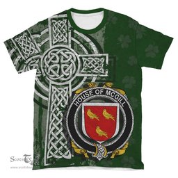 ScotsTee Shop Irish McGill Coat of Arms Irish Family Crest T Shirt Irish Shamrock Celtic Cross Green T Shirt