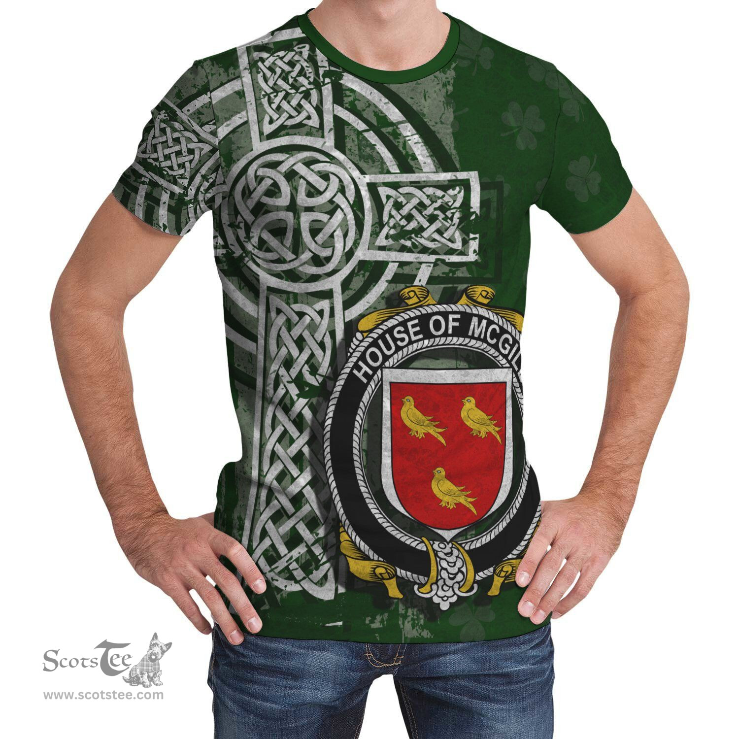 ScotsTee Shop Irish McGill Coat of Arms Irish Family Crest T Shirt Irish Shamrock Celtic Cross Green T Shirt