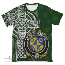ScotsTee Shop Irish Peacocke Coat of Arms Irish Family Crest T Shirt Irish Shamrock Celtic Cross Green T Shirt