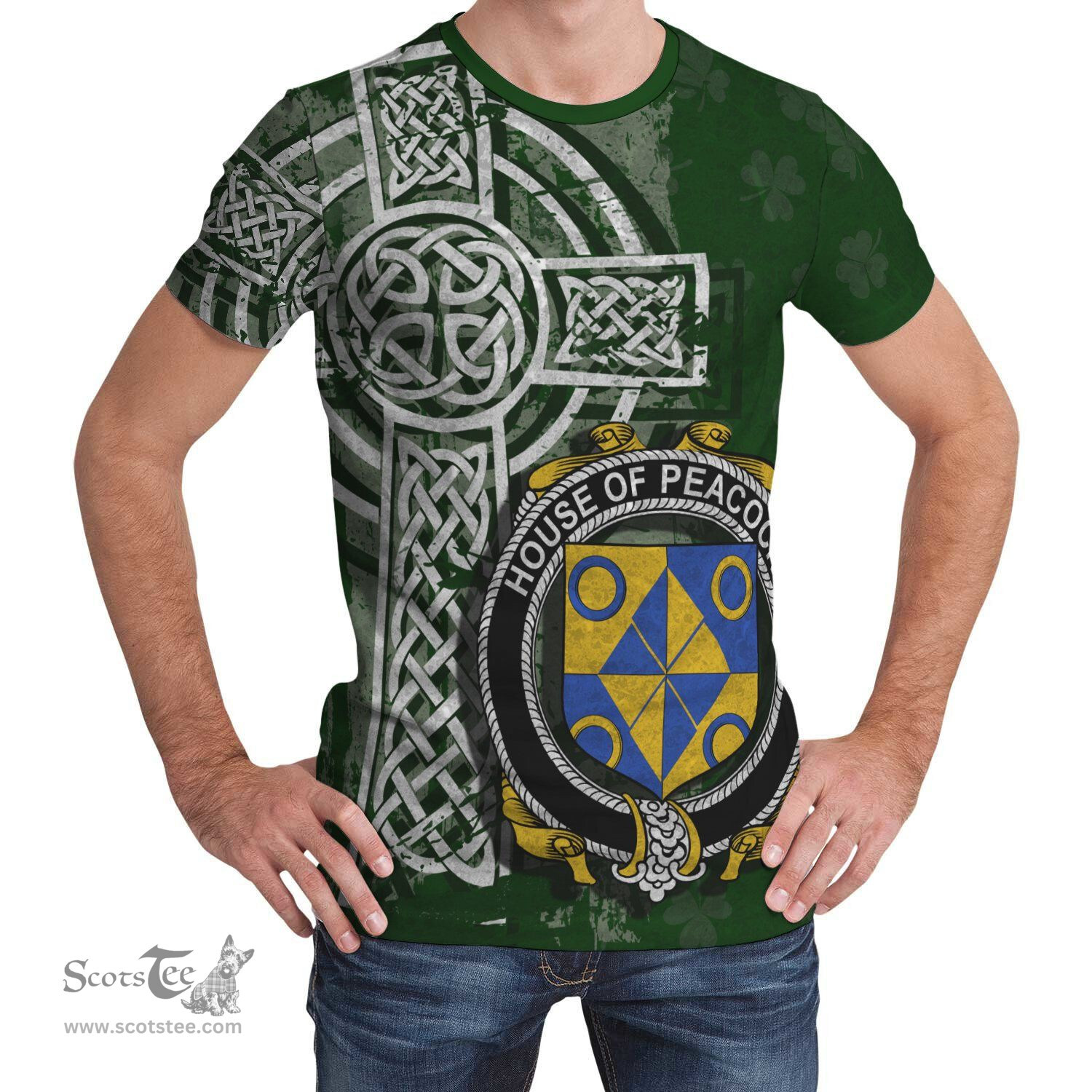 ScotsTee Shop Irish Peacocke Coat of Arms Irish Family Crest T Shirt Irish Shamrock Celtic Cross Green T Shirt