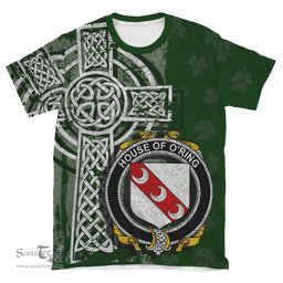 ScotsTee Shop Irish Ring or O'Ring Coat of Arms Irish Family Crest T Shirt Irish Shamrock Celtic Cross Green T Shirt