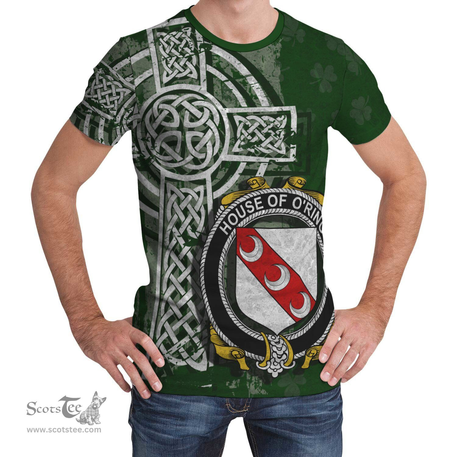 ScotsTee Shop Irish Ring or O'Ring Coat of Arms Irish Family Crest T Shirt Irish Shamrock Celtic Cross Green T Shirt
