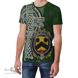 ScotsTee Shop Irish Oliver Coat of Arms Irish Family Crest T Shirt Irish Shamrock Celtic Cross Green T Shirt