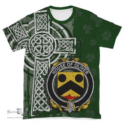 ScotsTee Shop Irish Oliver Coat of Arms Irish Family Crest T Shirt Irish Shamrock Celtic Cross Green T Shirt