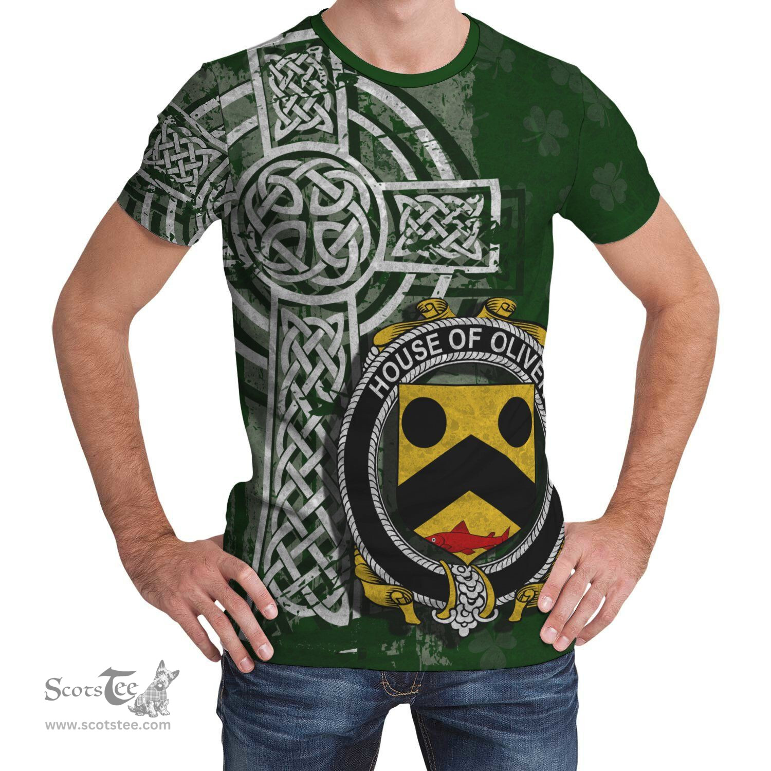 ScotsTee Shop Irish Oliver Coat of Arms Irish Family Crest T Shirt Irish Shamrock Celtic Cross Green T Shirt
