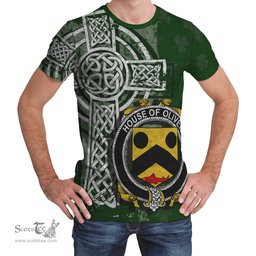 ScotsTee Shop Irish Oliver Coat of Arms Irish Family Crest T Shirt Irish Shamrock Celtic Cross Green T Shirt