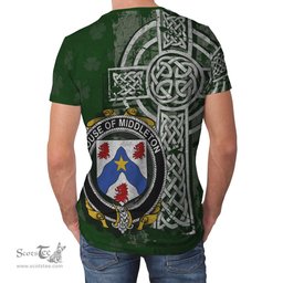 ScotsTee Shop Irish Middleton Coat of Arms Irish Family Crest T Shirt Irish Shamrock Celtic Cross Green T Shirt