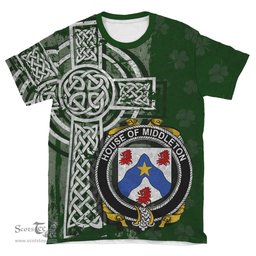 ScotsTee Shop Irish Middleton Coat of Arms Irish Family Crest T Shirt Irish Shamrock Celtic Cross Green T Shirt