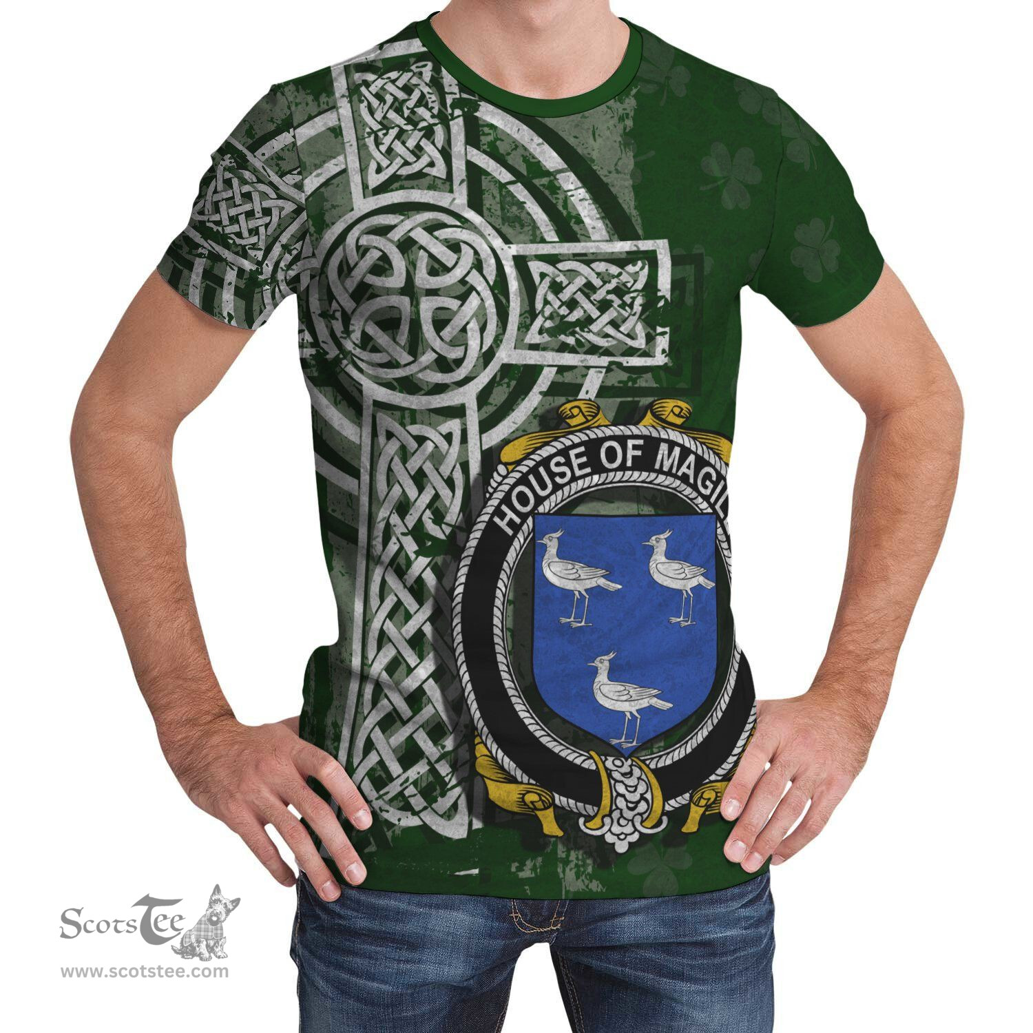 ScotsTee Shop Irish Magill Coat of Arms Irish Family Crest T Shirt Irish Shamrock Celtic Cross Green T Shirt