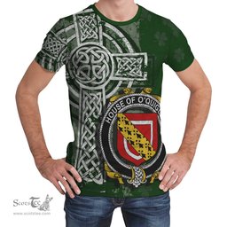 ScotsTee Shop Irish Quigley or O'Quigley Coat of Arms Irish Family Crest T Shirt Irish Shamrock Celtic Cross Green T Shirt
