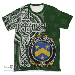 ScotsTee Shop Irish Monahan or O'Monaghan Coat of Arms Irish Family Crest T Shirt Irish Shamrock Celtic Cross Green T Shirt