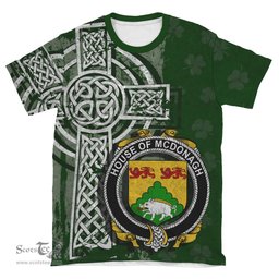 ScotsTee Shop Irish McDonagh or McDonogh Coat of Arms Irish Family Crest T Shirt Irish Shamrock Celtic Cross Green T Shirt