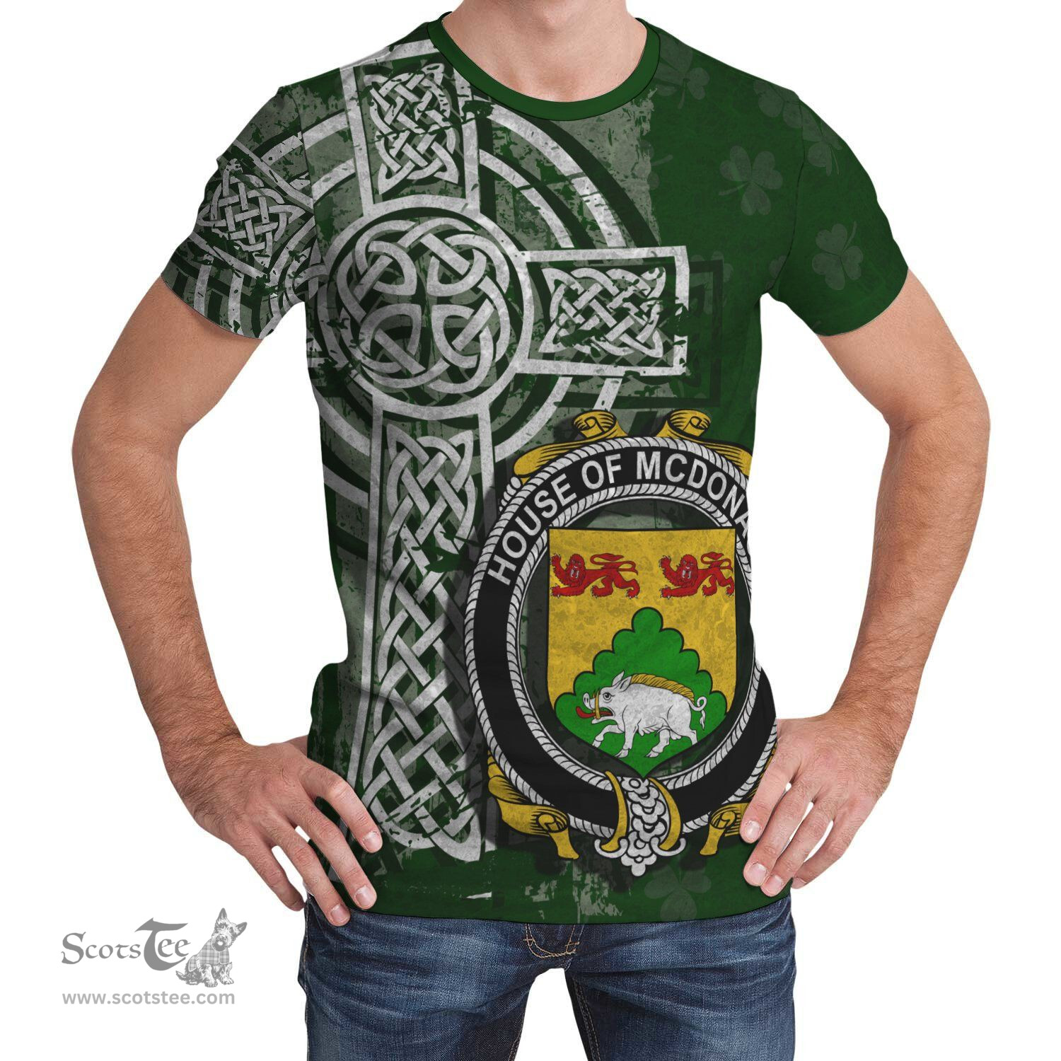 ScotsTee Shop Irish McDonagh or McDonogh Coat of Arms Irish Family Crest T Shirt Irish Shamrock Celtic Cross Green T Shirt