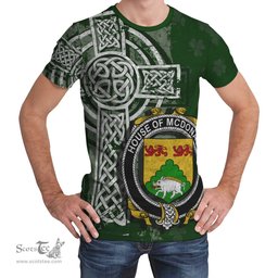 ScotsTee Shop Irish McDonagh or McDonogh Coat of Arms Irish Family Crest T Shirt Irish Shamrock Celtic Cross Green T Shirt