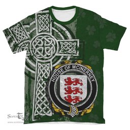 ScotsTee Shop Irish McInerney Coat of Arms Irish Family Crest T Shirt Irish Shamrock Celtic Cross Green T Shirt