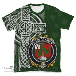 ScotsTee Shop Irish Owens Coat of Arms Irish Family Crest T Shirt Irish Shamrock Celtic Cross Green T Shirt