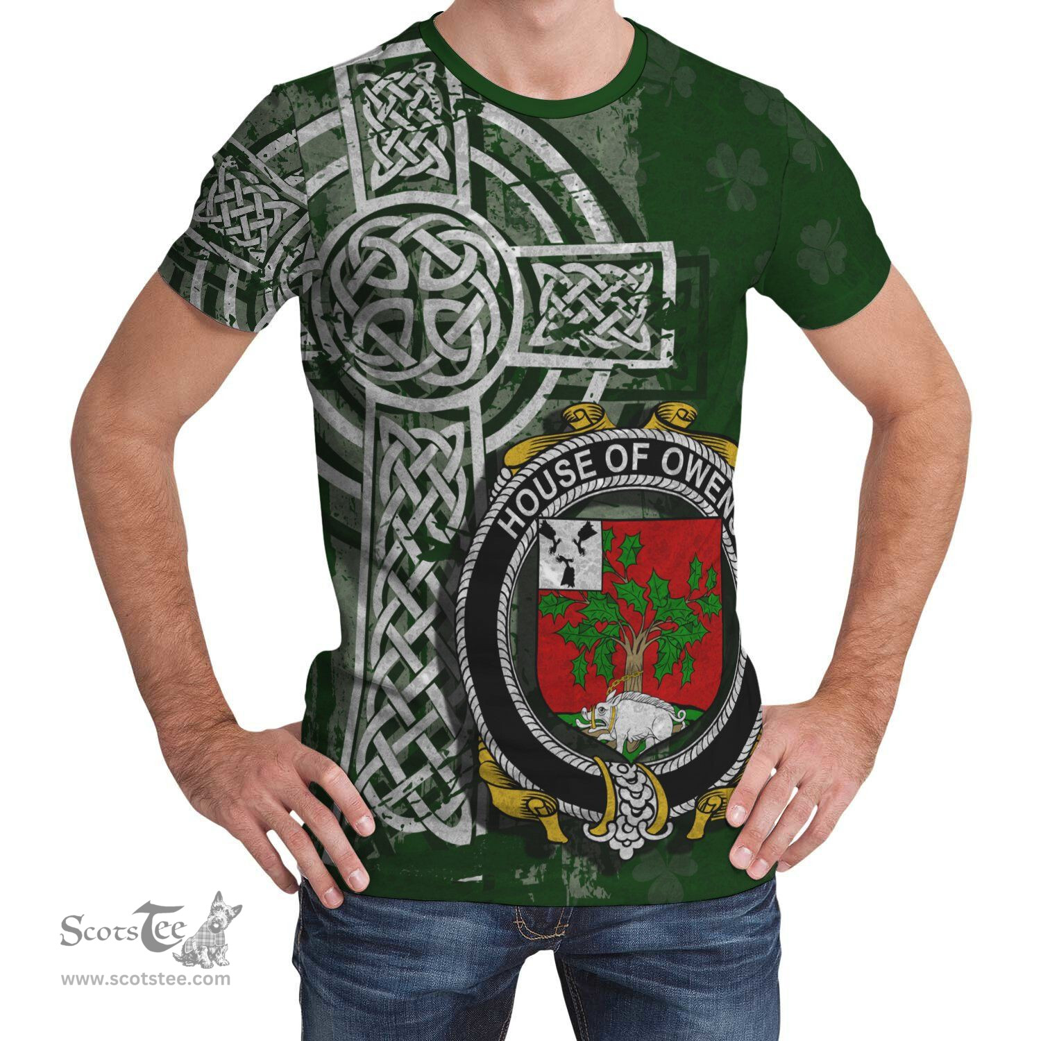ScotsTee Shop Irish Owens Coat of Arms Irish Family Crest T Shirt Irish Shamrock Celtic Cross Green T Shirt