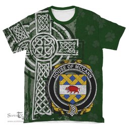 ScotsTee Shop Irish McCann Coat of Arms Irish Family Crest T Shirt Irish Shamrock Celtic Cross Green T Shirt
