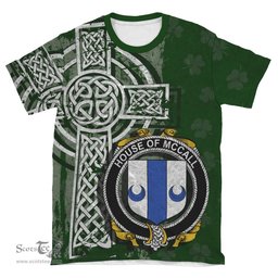 ScotsTee Shop Irish McCall Coat of Arms Irish Family Crest T Shirt Irish Shamrock Celtic Cross Green T Shirt