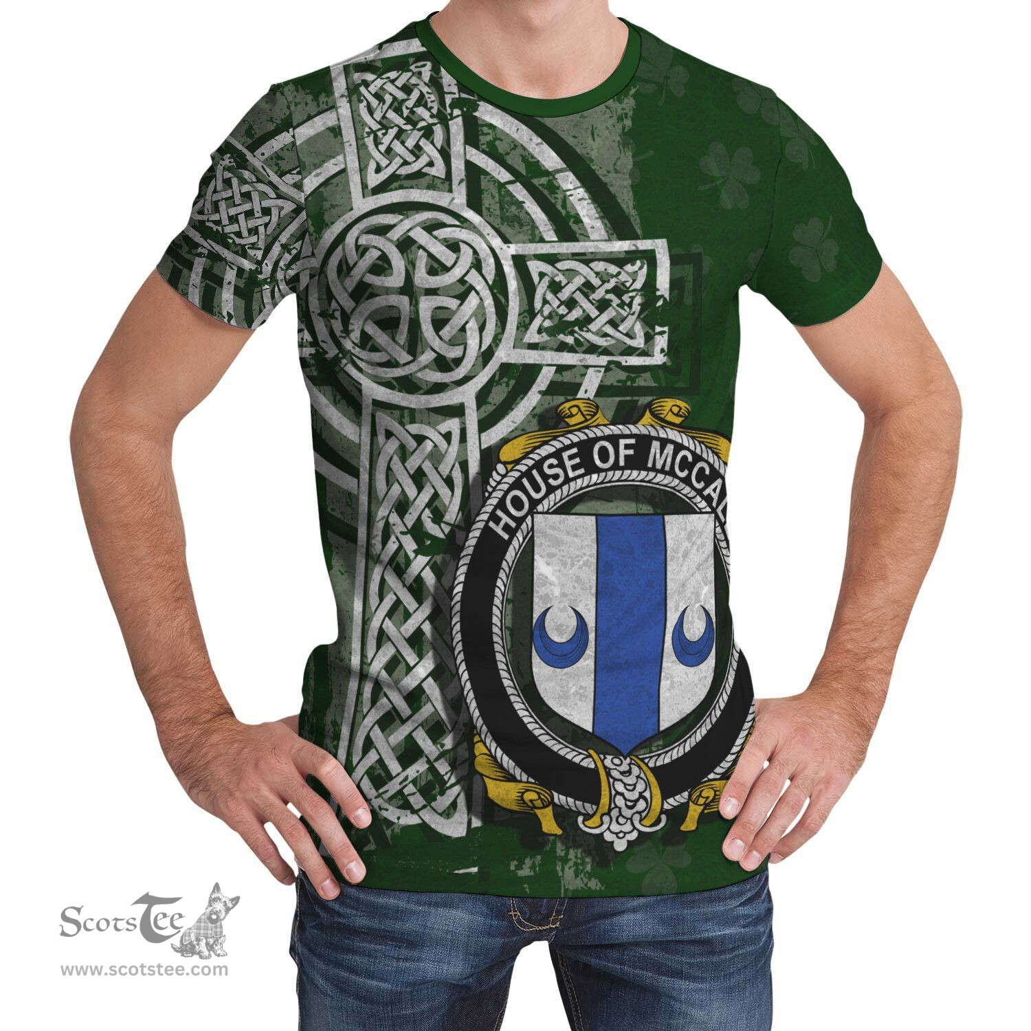 ScotsTee Shop Irish McCall Coat of Arms Irish Family Crest T Shirt Irish Shamrock Celtic Cross Green T Shirt