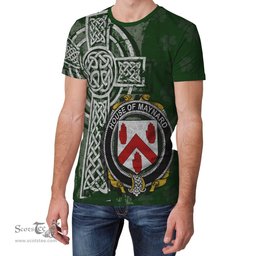 ScotsTee Shop Irish Maynard Coat of Arms Irish Family Crest T Shirt Irish Shamrock Celtic Cross Green T Shirt