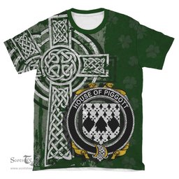 ScotsTee Shop Irish Piggott Coat of Arms Irish Family Crest T Shirt Irish Shamrock Celtic Cross Green T Shirt